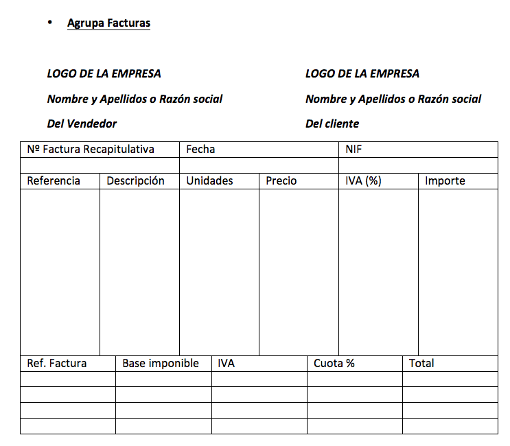 Factura recapitulativa agrupada por facturas