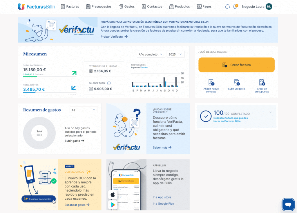 pantalla verifactu panel facturas billin