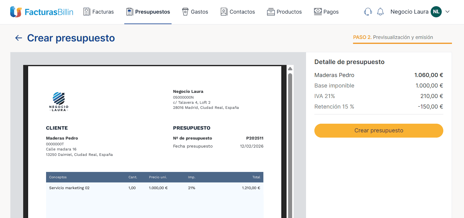 hacer presupuesto con billin